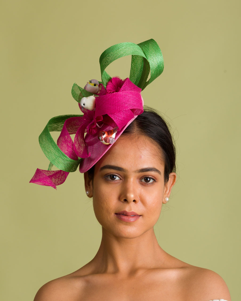 green dress fascinator Green Lourdes Fascinator – Satin Bow & Rhinestone Bloom main image 0