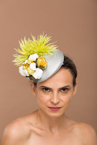 Daria- Mat silver versatile fascinator with lime flowers with leather