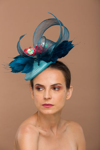 Cora- navy blue fascinator with shimmer flower and red abaca pop
