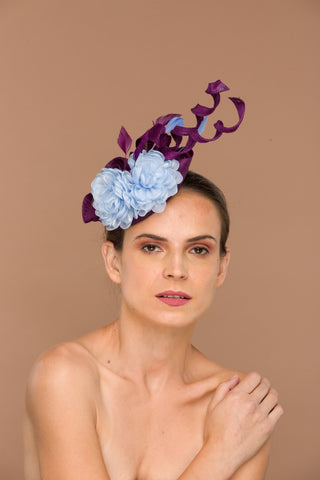 Giselle- Purple small and effective fascinator with blue flower and trims