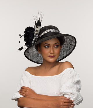 Dusk Aveline- black formal hat with feather flower
