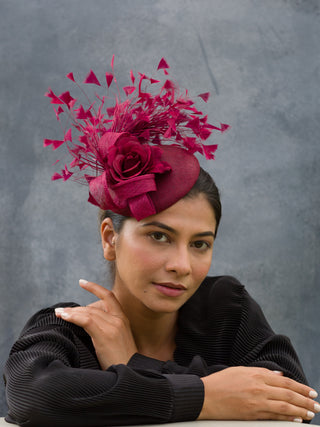 Catalina- burgandy fascinator with twirls and feathers