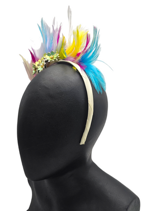Hosana- Versatile rainbow feathers hairband with golden flowers