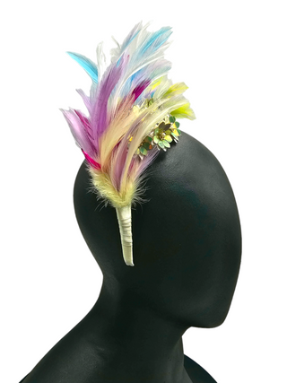 Hosana- Versatile rainbow feathers hairband with golden flowers