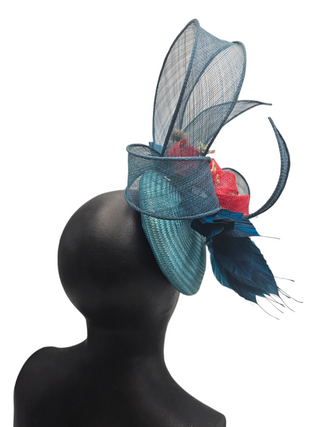 Cora- navy blue fascinator with shimmer flower and red abaca pop