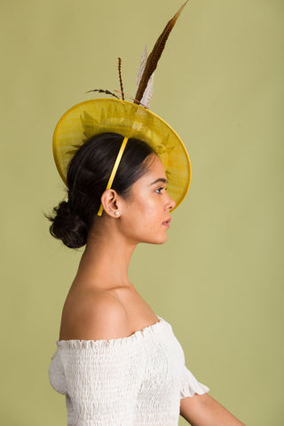 Yellow Derby Fascinator With Brown Feathers (Coco Couture)