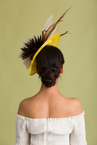 Yellow Derby Fascinator With Brown Feathers (Coco Couture)