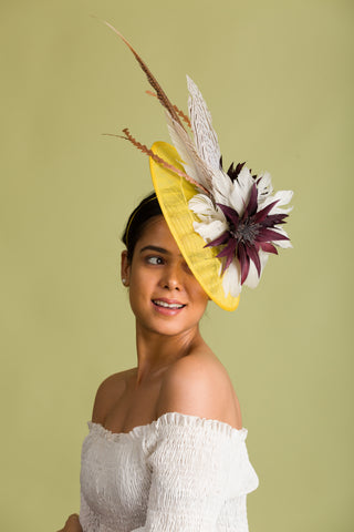 Yellow Derby Fascinator With Brown Feathers (Coco Couture)