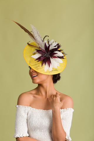 Yellow Derby Fascinator With Brown Feathers (Coco Couture)