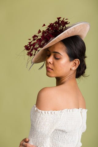 Fascinator Hat Nude Cream Base and Grey Floral Trims (Turb)
