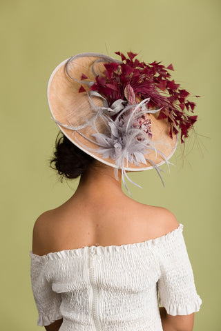Fascinator Hat Nude Cream Base and Grey Floral Trims (Turb)