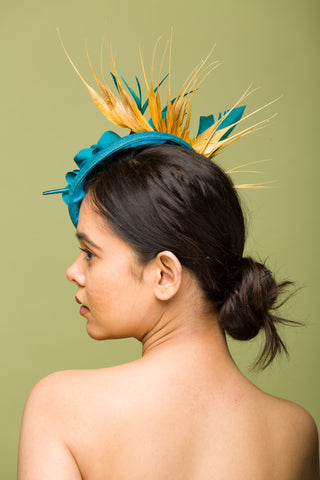 Fascinator Hat Teal With White and Gold feathers (Annamarie)