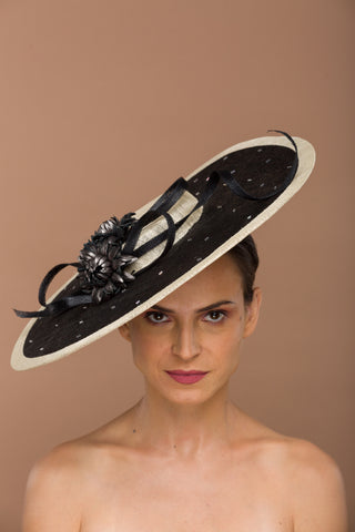 Eleanor- Unique chic black and beige hatinator with work and leather flower