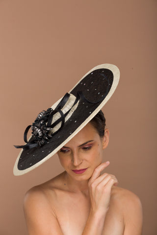 Eleanor- Unique chic black and beige hatinator with work and leather flower