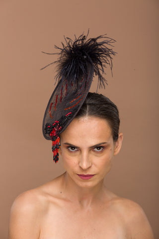 Claris- subtle yet loud fascinator with rich red and black work motif
