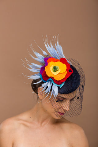 Foxglove- navy blue veil fascinator with colorful felt flower