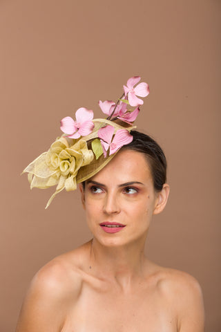 Montgomery- olive green canvas with pink flowers fascinator