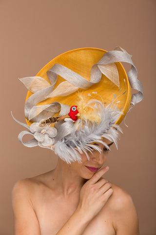 Rachel- Large gold chic fascinator with birds in its nest