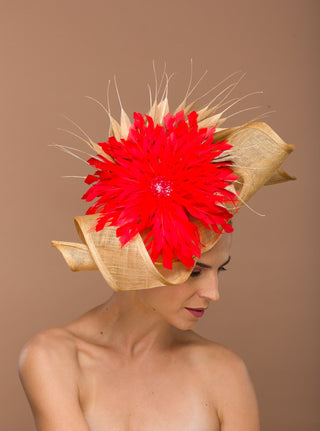 Bellerose- Gold fascinator with big red feather flower pop for derby