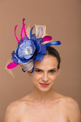 Bluebell- blue pink and beige combination derby fascinator