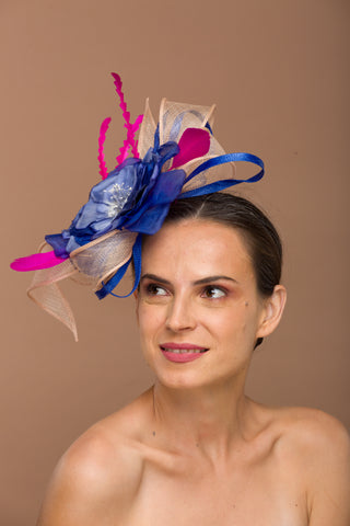 Bluebell- blue pink and beige combination derby fascinator