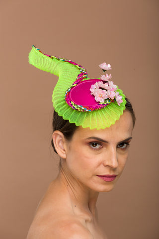 Ariel- pink neon sculpted shell fascinator with multi color border to match any outfit