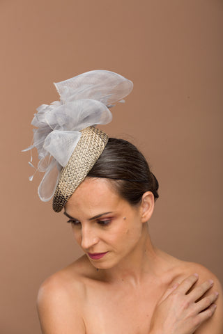 Charlotte- modern fascinator with grey feather flower statement piece