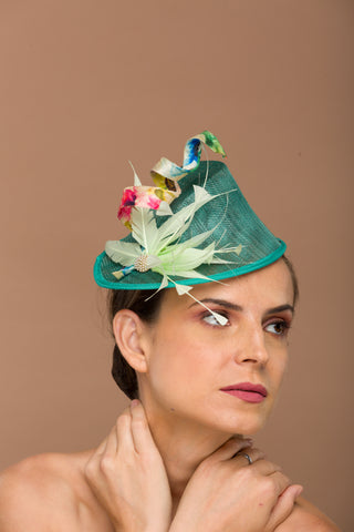 Sarah- green fascinator with colorful twirl and lime green flower