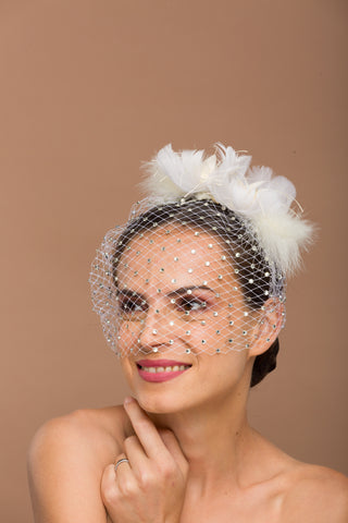 Delphine- white veil headband with mirror beads and flower