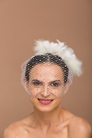 Delphine- white veil headband with mirror beads and flower