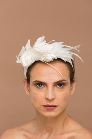 Mary- Versatile white headband with white feathers and cream abaca fiber flowers