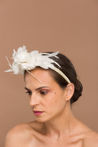 Mary- Versatile white headband with white feathers and cream abaca fiber flowers