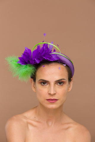 Samaira- Versatile headband with green and purple feathers for semi casual events