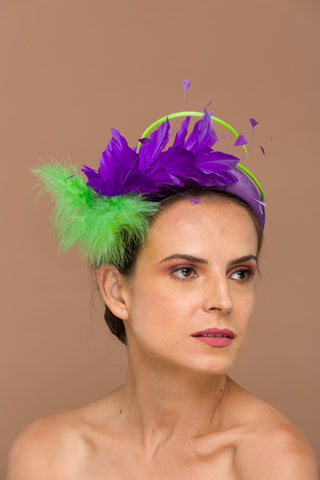 Samaira- Versatile headband with green and purple feathers for semi casual events