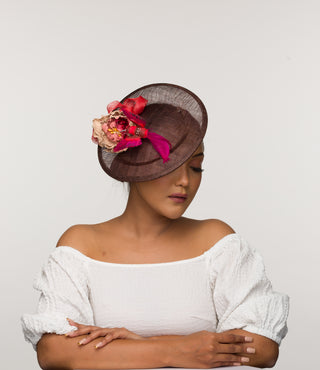 Margot- brown fascinator base with hand painted leather flower and humming bird