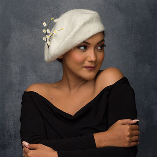 Zephyra- Ivory beret with floral trim