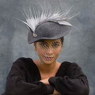 Jade- grey felt fascinator with feathers and silver veil