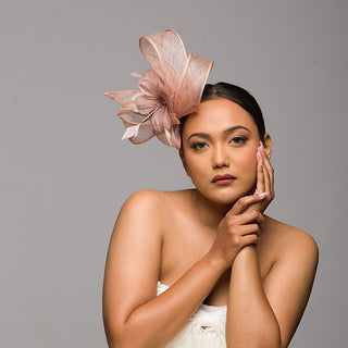 Neutral fascinator with feather flowers