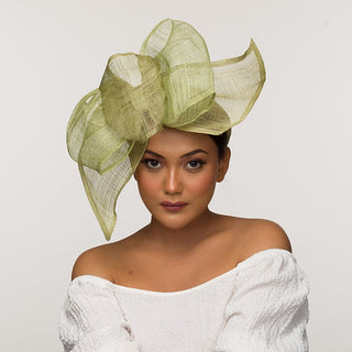 Olive green abaca headband fascinator with an oversized bow