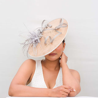 Turb- nude fascinator with grey floral trims