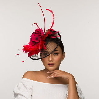 Adira- black fascinator base with red and black flower