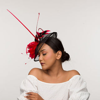 Adira- black fascinator base with red and black flower