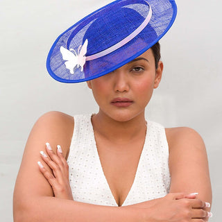 Blue formal boater hat with iridescent hat band