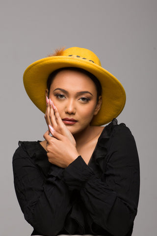 Autumn Hat Fur Felt with feather and yellow fedoras