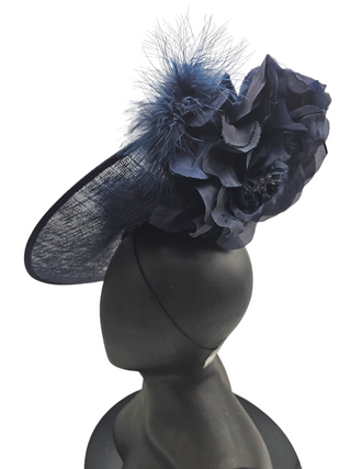 Lauren- classic styled monochrome navy blue fascinator with fur