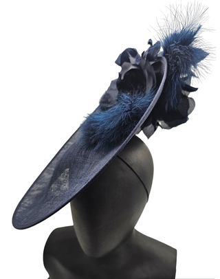 Lauren- classic styled monochrome navy blue fascinator with fur
