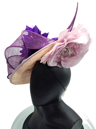 Aurelia- Beige derby hat with vibrant pink and purple blossoms