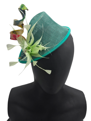 Sarah- green fascinator with colorful twirl and lime green flower