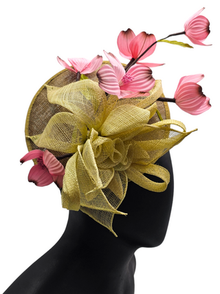 Montgomery- olive green canvas with pink flowers fascinator