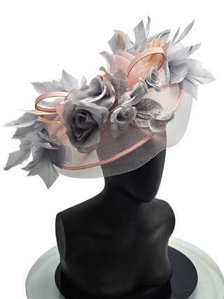 Katrine- Grey flowers with blush veil fascinator and cream leather twirls
